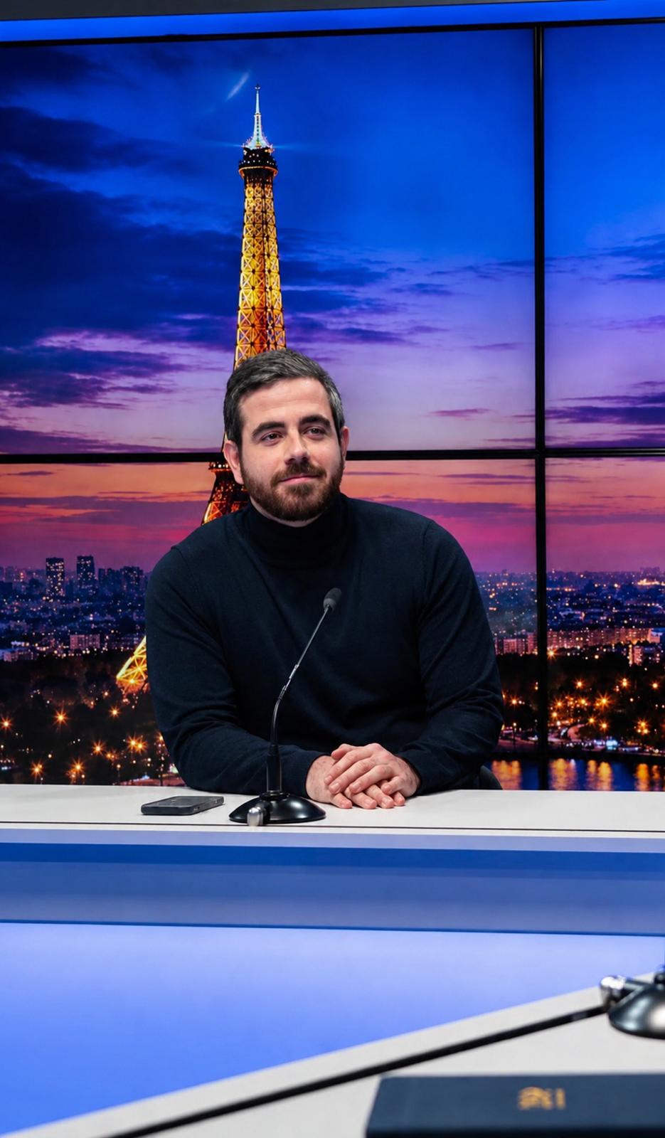 Douglas Moreau on the Le Figaro TV set, during his interview for Le Club French Touch